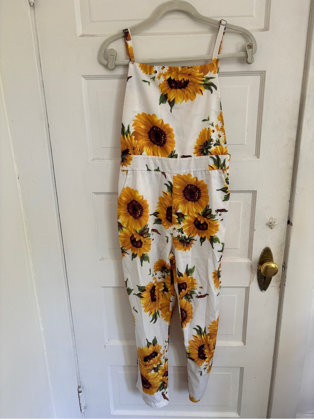 Sunflower Print White Women's Jumpsuit - With Pockets!